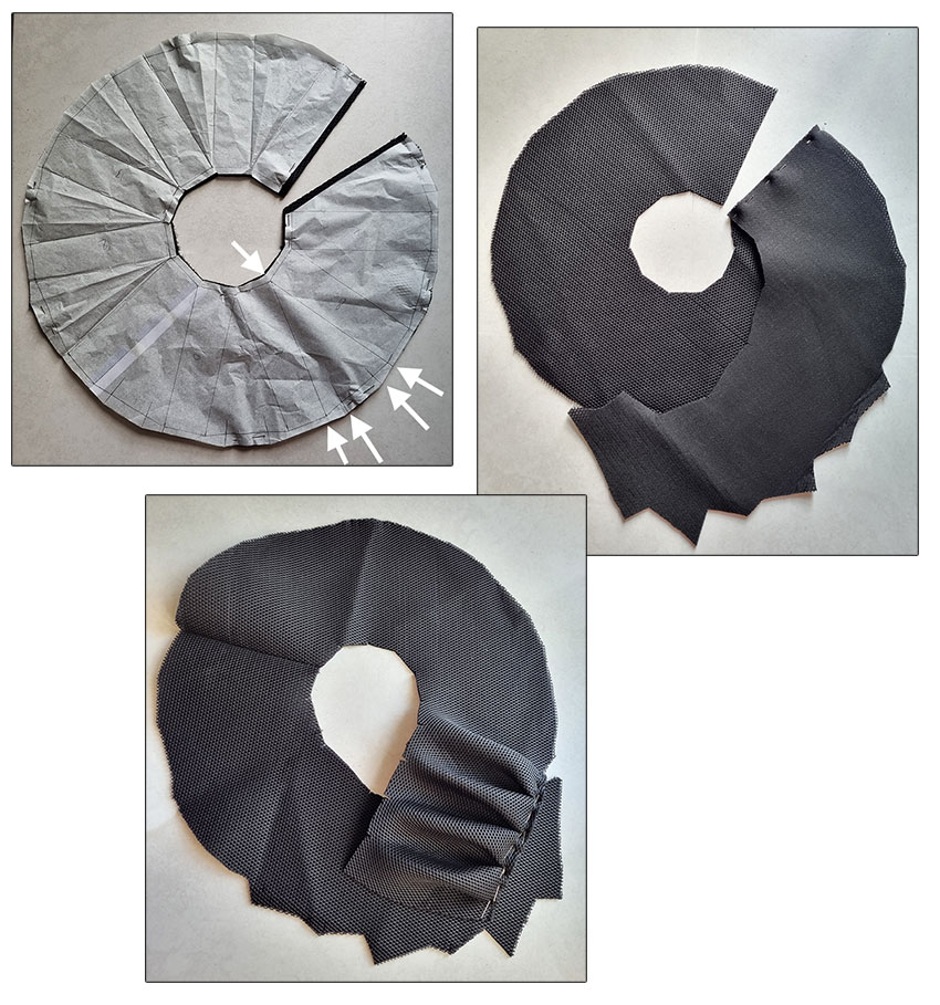 Cutting and preparing the raglan sleeve pieces in neoprene.