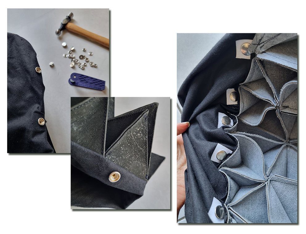 Attaching snaps to the sleeve.