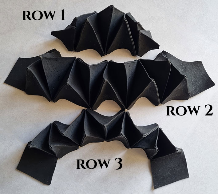 The three rows of polyhedrons prepared.