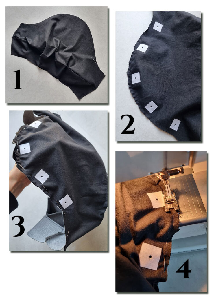 Pictures showing the steps 1-4 of preparing the sleeve lining with snaps.