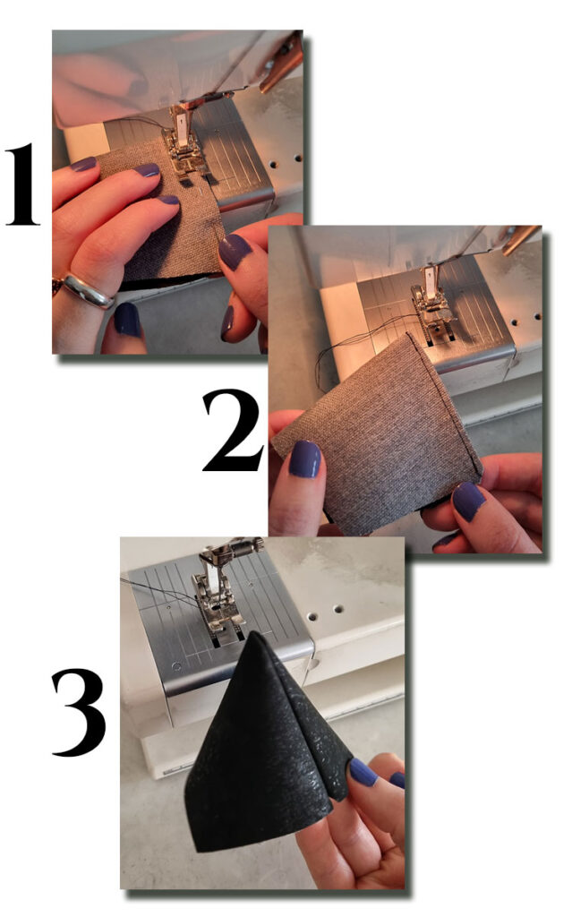 Pictures showing the steps 1-3 of how to sew a polyhedron.