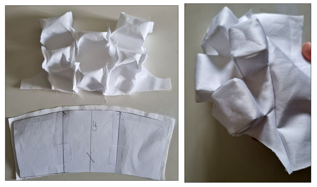 The upper section of the dekoboko top is sewn. Uniting it to the lower section.