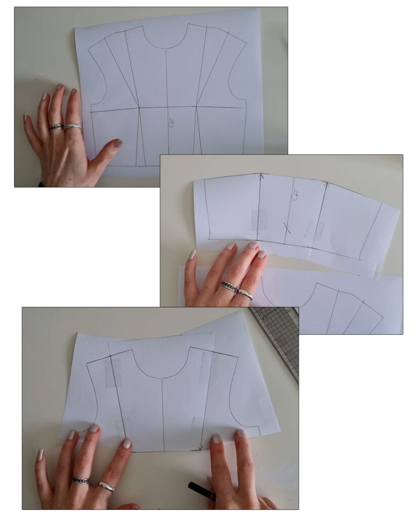 Drawing style line to absorb the darts and separate the bodice into two sections.