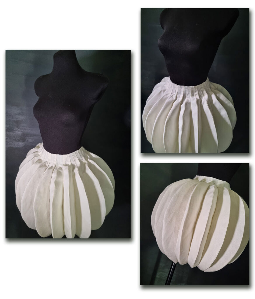 Three pictures of the accordion skirt from different angles.