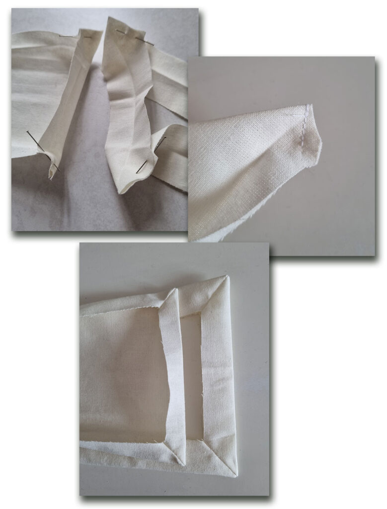 Pinning, sewing and pressing the corners.