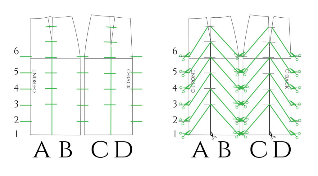 The pencil skirt pattern divided into panels and diagonal lines drawn where to slash & spread.