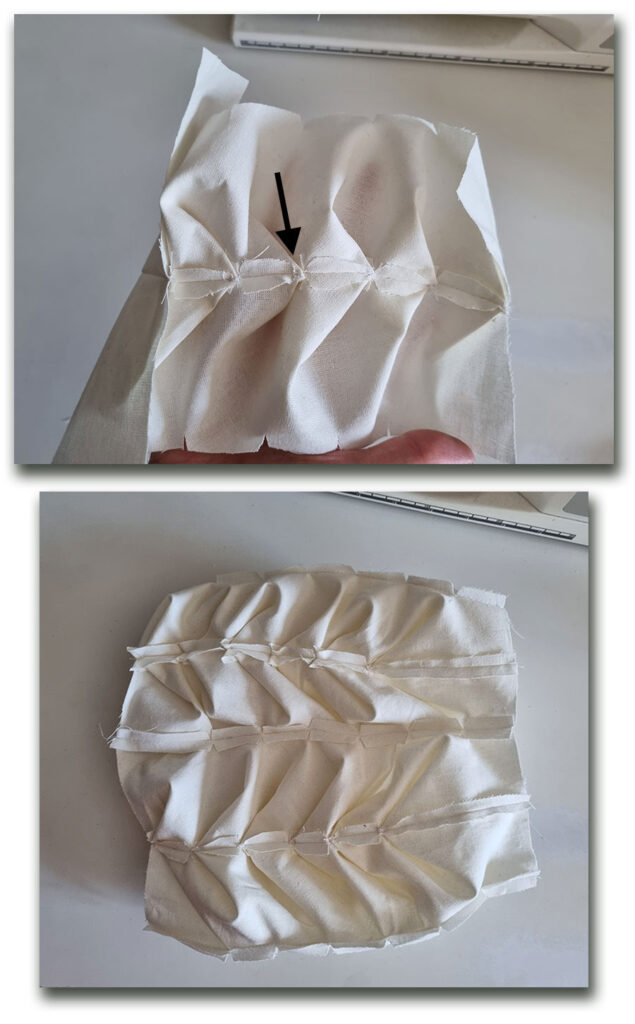 The nyokittos stitched in place on the wrong side of the skirt.