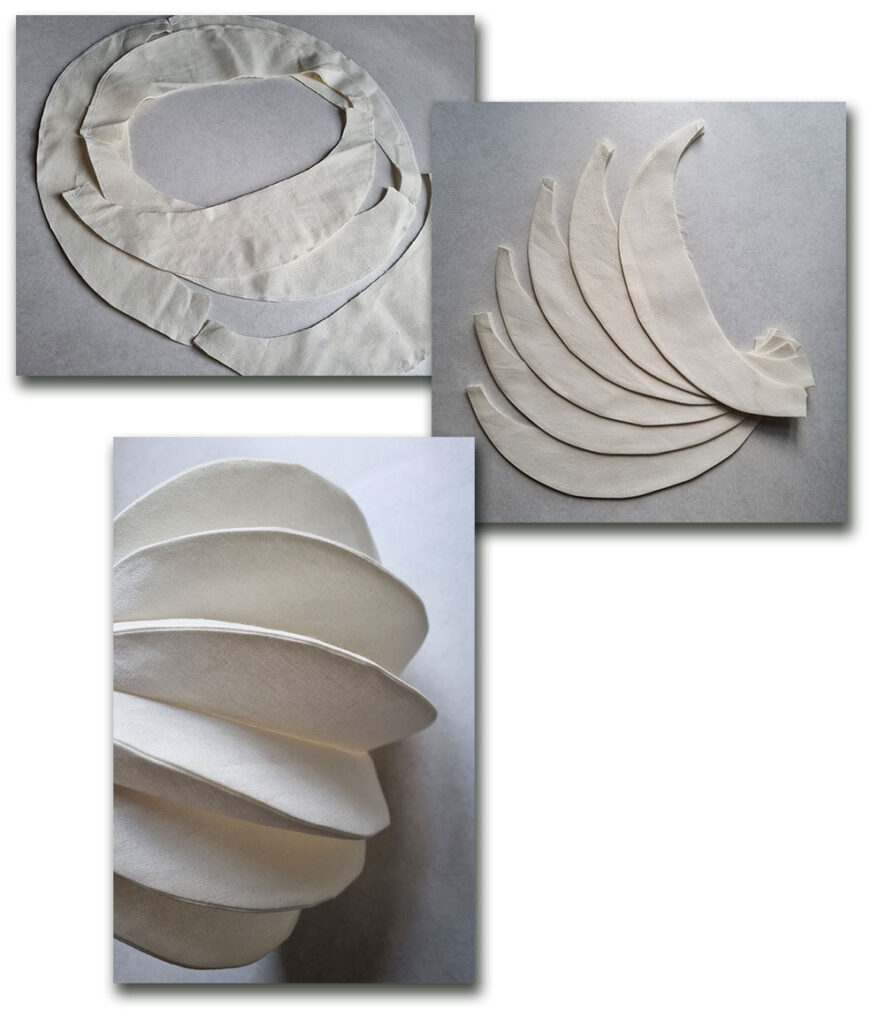 Pictures showing the process of sewing the accordion pleats together.