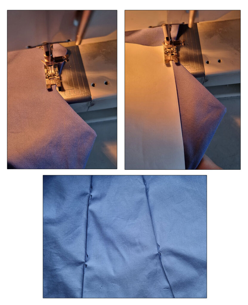 Sewing a row of stitches at the base of the tucks, and a picture from the wrong side of the skirt.