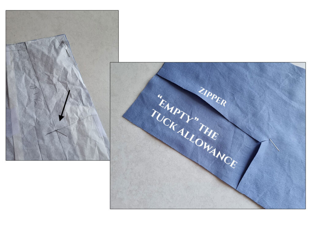 How to empty the tuck allowance for the zipper.