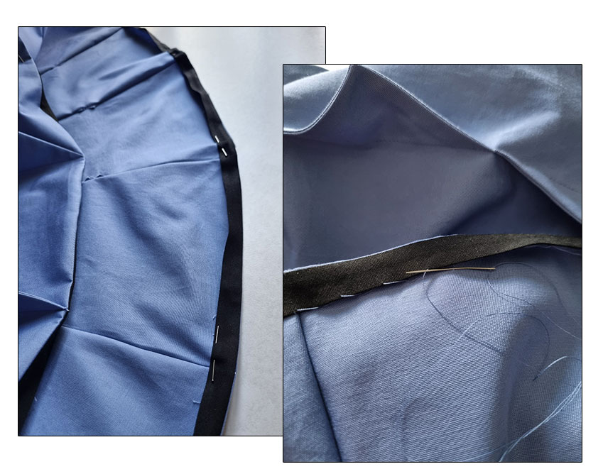 Pinning and hand-stitching the remaining edge of the bias tape to the wrong side.