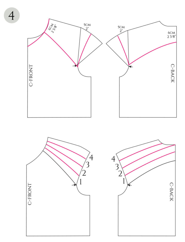 Illustration showing how to draw the raglan seam and modify the length of the cap sleeves and the neckline, and how to divide the upper section into panels.