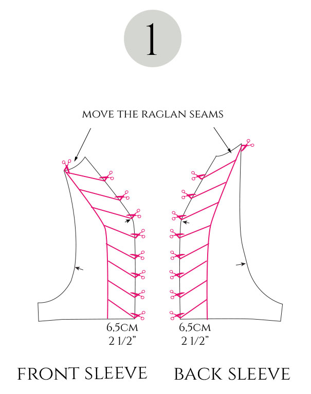 Illustration showing how to separate a slice of the raglan pattern and draw lines for the nyokittos.