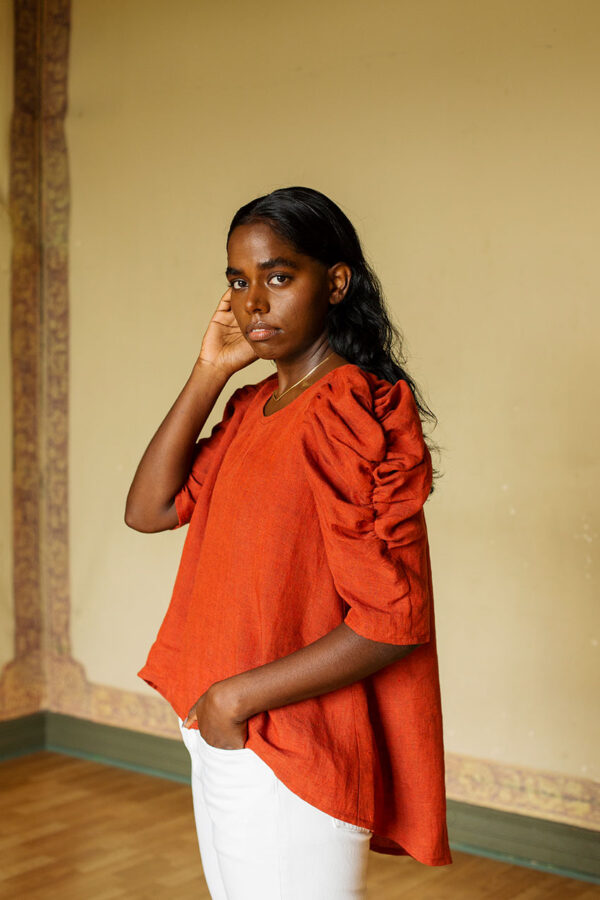 Model wearing the Calendula blouse. Photo by Laura Oja.