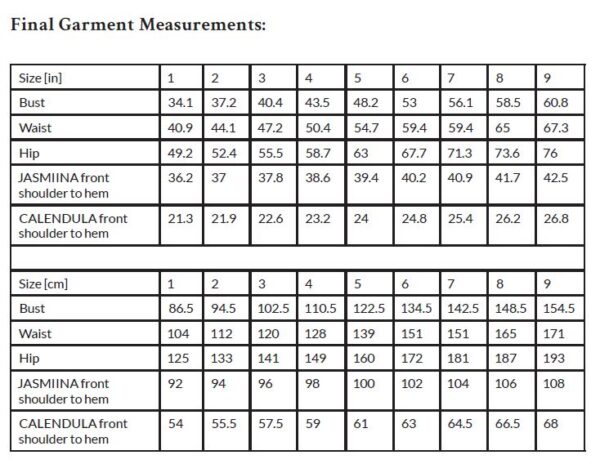 Calendula/Jasmiina measurement chart.