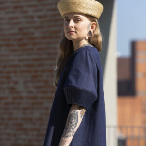 Model wearing the Callisto dress made in denim. Photo by Laura Oja.
