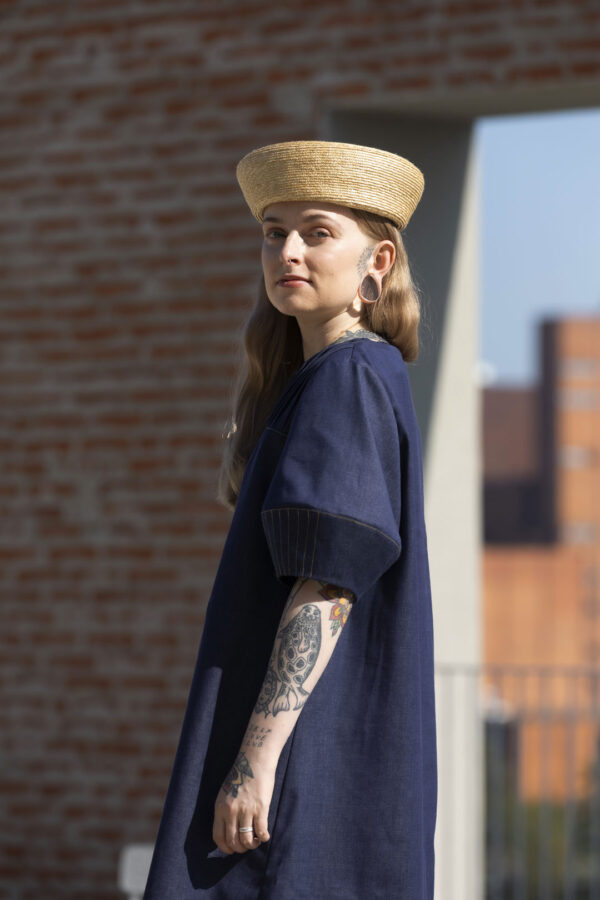 Model wearing the Callisto dress made in denim. Photo by Laura Oja.