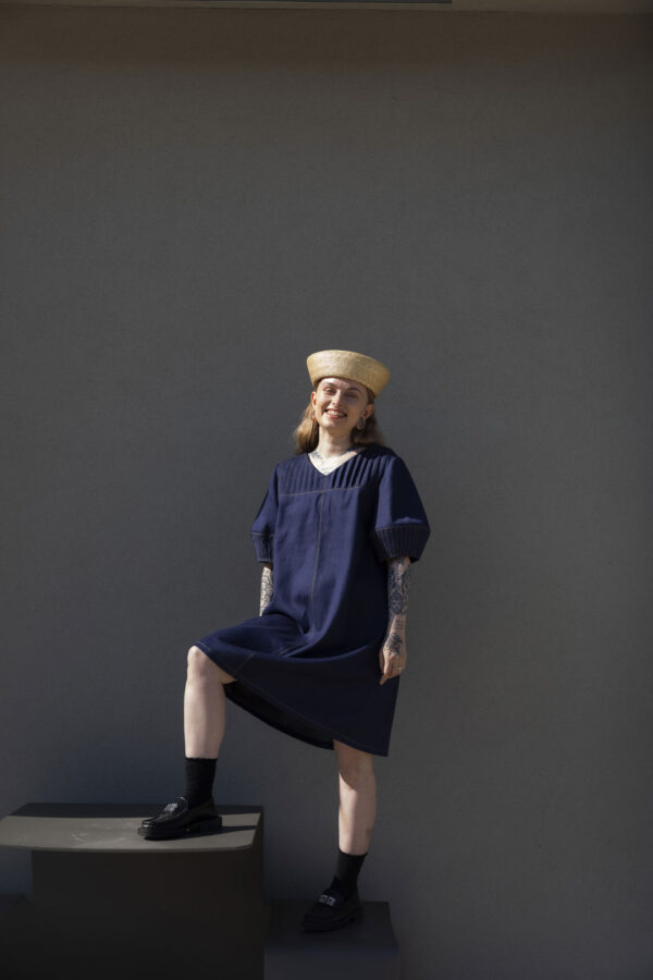 Model wearing the Callisto dress made in denim. Photo by Laura Oja.