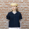 Model wearing the Echo blouse made in denim. Photo by Laura Oja.