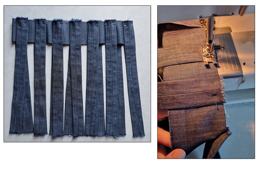 Pinning and sewing the vertical bands to the hem band.