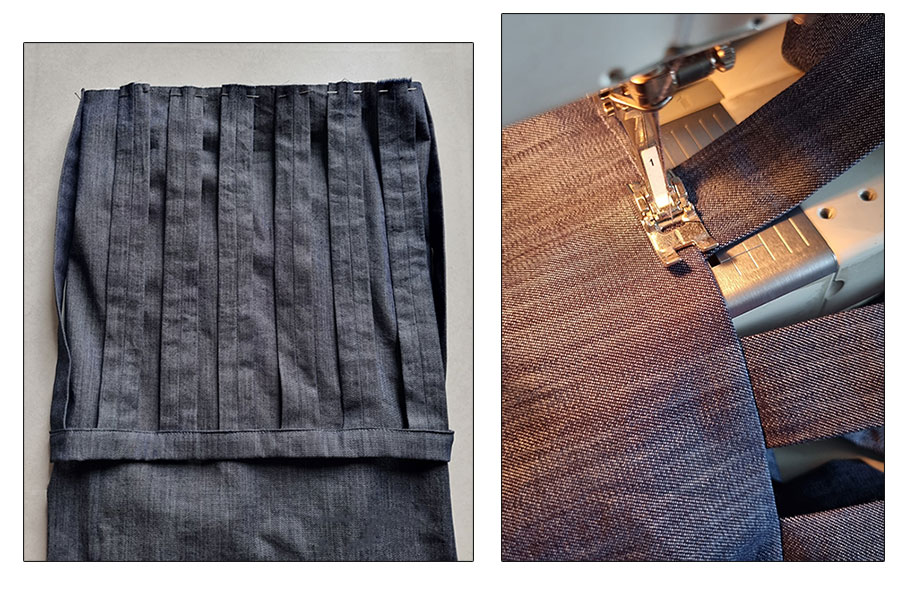 Attaching the bands to the pant hem.