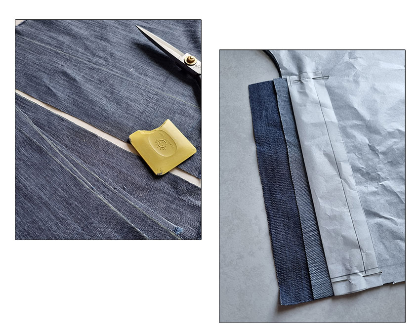 Using tailor's chalk to draw the vertical bands on fabric before cutting. And trimming the left side of the fly-front opening.