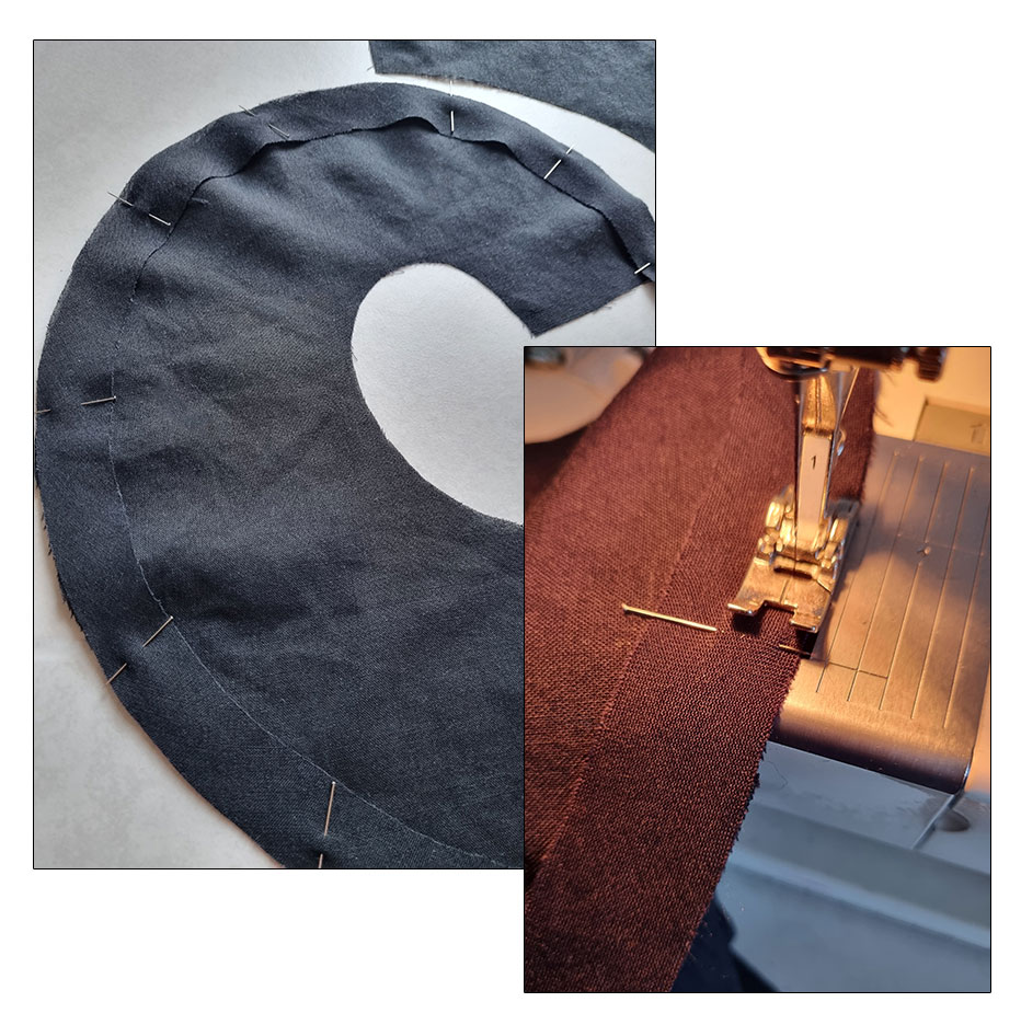 The bias strip pinned to the flounce hem.