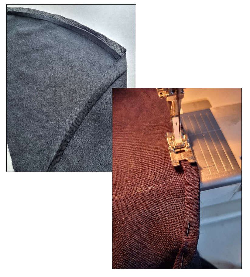 Hemming the flounce with bias facing.