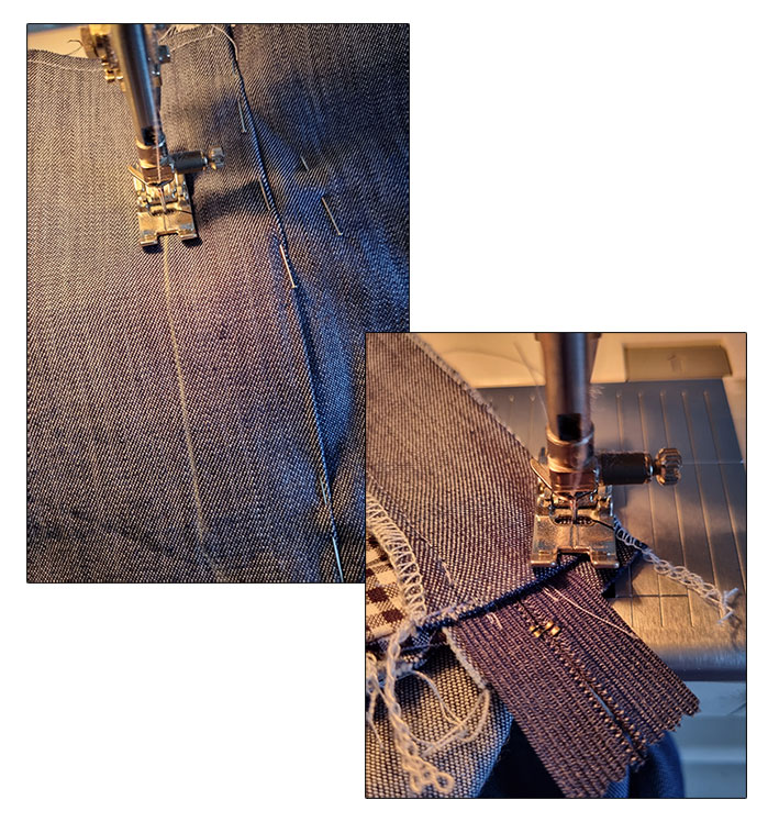 Top-stitching the fly curve and attaching the shield.