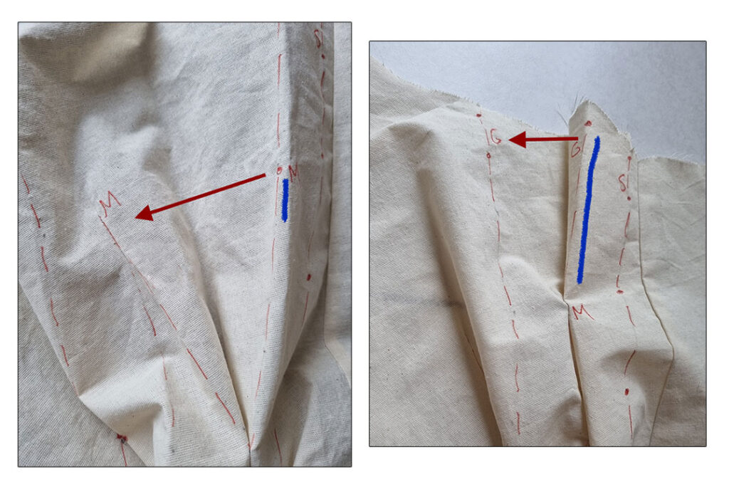Sewing the points M and G of the Mc Queen origami jacket back.